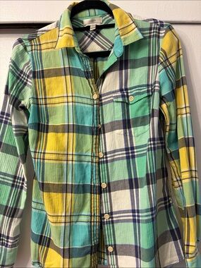 J. Crew Mint Green and Yellow Plaid Button-Down Shirt
